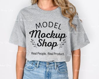 Gildan 5000 Sport Grey Tshirt Mockup, G5000 Sport Grey T-Shirt Mockup, Real Model Mock, Simple White background, G500 Grey Tee Mock-Up