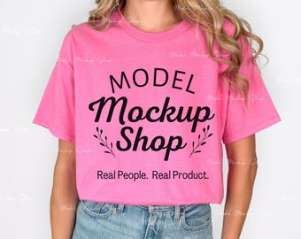 Gildan 5000 Azalea Tshirt Mockup, Oversized Tee Shirt, Real Model Mock, Simple Trendy Casual Pink Shirt Mock-up, G5000 Azalea Mockup