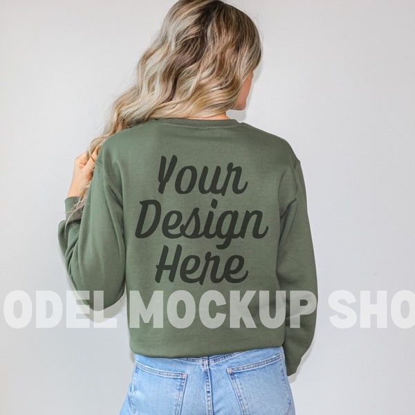 Back of Gildan 18000 Military Green Crewneck Mockup, Gildan Crewneck Mockup, Back of Model Mockup, Gildan 18000 Mockup, Back mockup Green