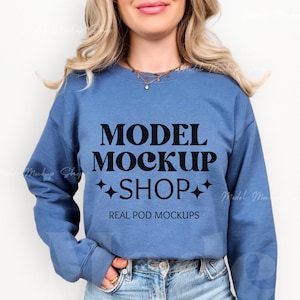 Gildan 18000 Indigo Sweatshirt Mockup, G180 Indigo Crewneck Sweatshirt Mock-up, Real Model Mockup, Simple Casual Blue Sweater Mockup