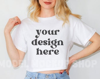 White Champion Cropped Tee Mockup | T453W Crop Top Mock Up