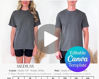 Editable Comfort Colors 1717 Video Size Chart, Comfort Colors Unisex Size Guide, Man and Woman Video mockup, 1717 Size Chart POD Comparison