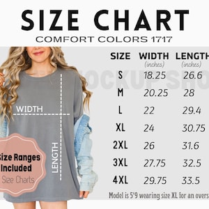 Comfort Colors C1717 Size Chart, C1717 Size Chart, Model Size Chart, 1717 Comfort Colors Tshirt Size Chart, Grey Comfort Colors size chart
