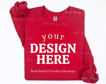 Gildan 18000 kersenrode flatlay mockup, 18000 rode flatlay sweatshirt mockup, Gildan rode G180 mockup, eenvoudige flatlay Gildan 18000 mockup