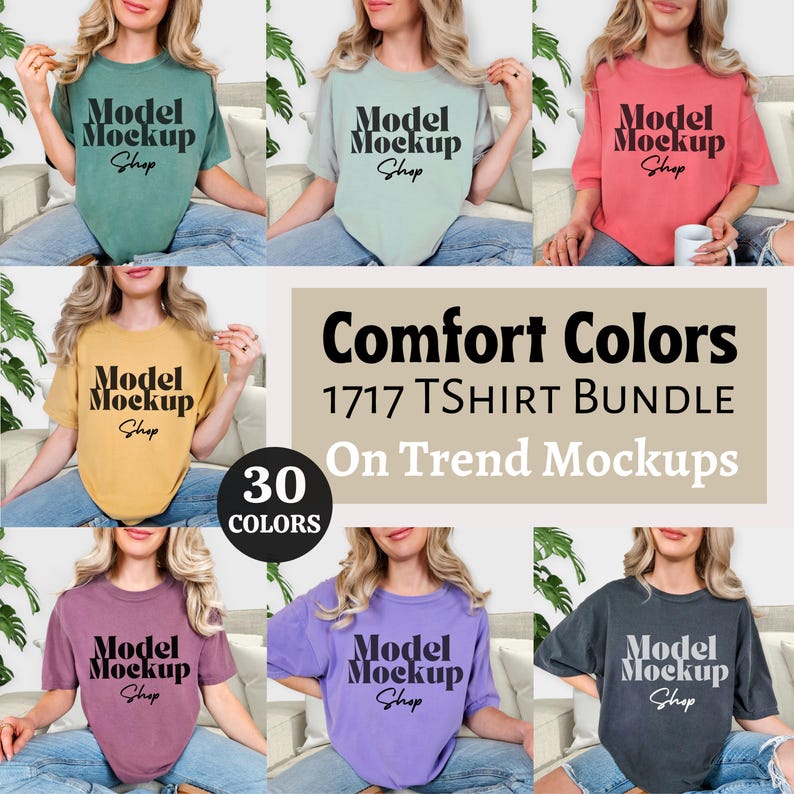 May include: A collection of t-shirts in various colors, including green, blue, pink, yellow, purple, and gray. Each shirt features the text "Model Mockup Shop." The image also displays the text "Comfort Colors 1717 TSHIRT BUNDLE On Trend Mockups" and "30 COLORS."
