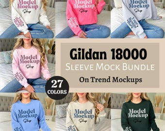 May include: A mock-up bundle of Gildan 18000 long-sleeve shirts in various colors. The shirts feature a model mockup design with the text "Model Mockup Shop" and "Your Design Here".