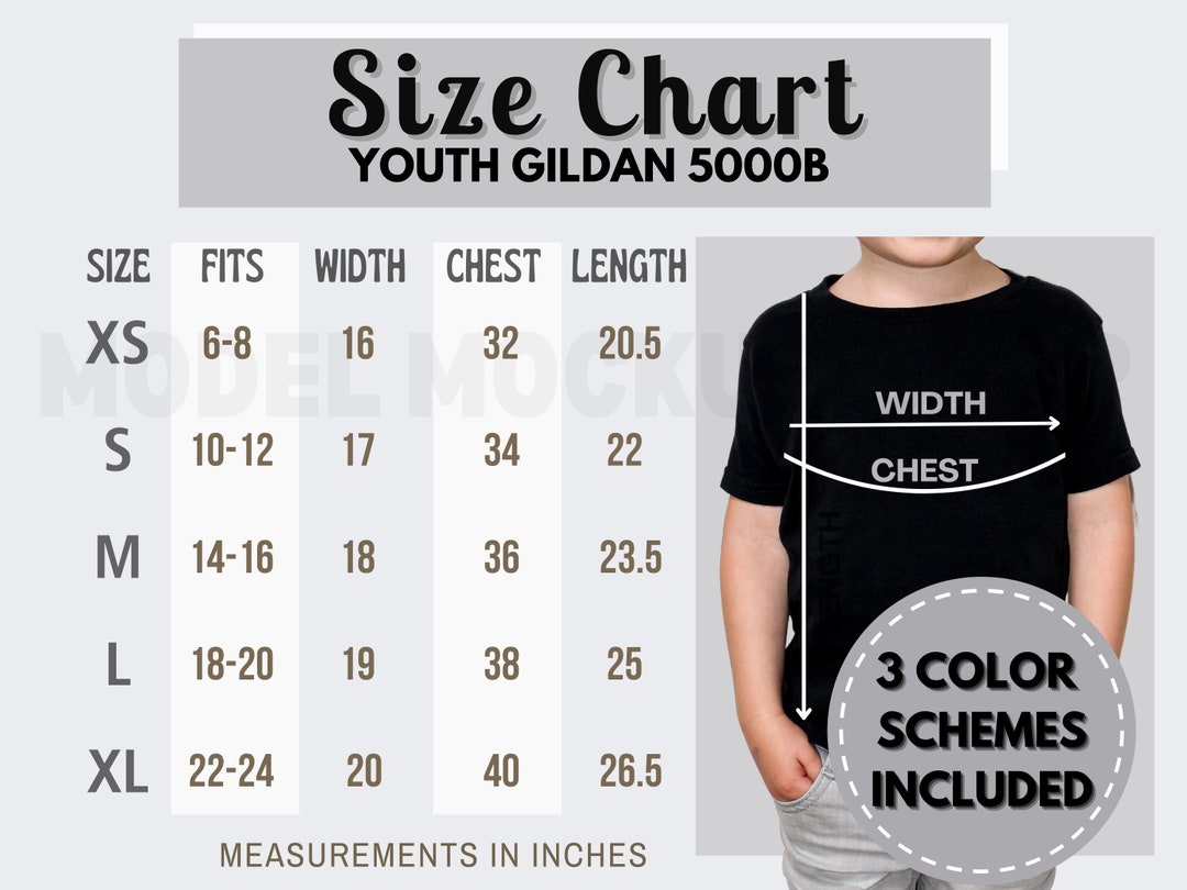 Gildan 5000B Youth Size Chart, Unisex Gildan 5000B Size Chart, Gildan
