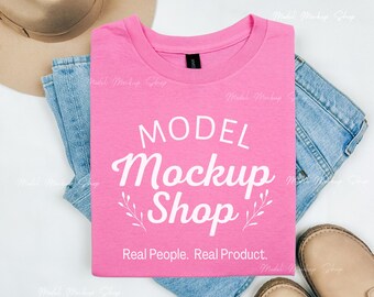 Gildan 5000 Azalea Mockup Pink tshirt Mockup, Oversized Tee Shirt, Flatlay Mockup, Simple Styled Trendy Flat Lay Shirt, Aesthetic Shirt Mock