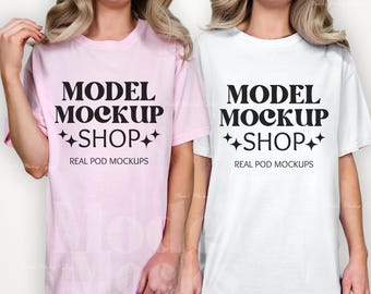 Comfort Colors 1717 Blossom & White Shirt Mockup, CC1717 Double Shirt Mockup, Real Model Mock, Couple Friends Mockup, Bachelorette Mockup