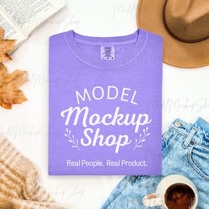 Comfort Colors 1717 Violet Flat Lay Mockup, Comfort Colors Fall Shirt Mock-up, 1717 Violet Tshirt, Simple Fall Flatlay Purple Shirt Mock