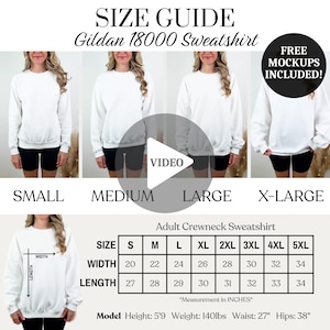 Puede incluir: Tabla de tallas para sudaderas con cuello redondo Gildan 18000. La tabla muestra las medidas en pulgadas para el ancho y la longitud para las tallas de la S a la 5XL. La tabla también incluye la altura, el peso, la cintura y las caderas del modelo.
