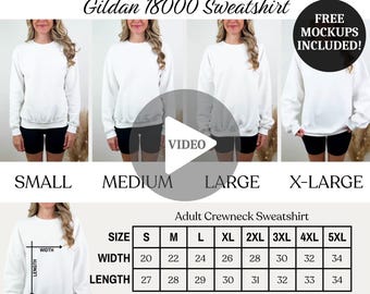 Tabla de tallas de Gildan 18000 (video), Tabla de tallas de sudadera G180 (video), Guía de tallas de Gildan 18000 (modelo real), Maqueta de la guía de tallas (video)