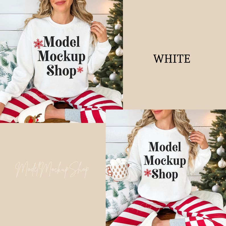 May include: A white sweatshirt with the text "*Model Mockup Shop*" in black lettering with a red snowflake on either side of the text. The model is wearing red and white striped pants and sitting in front of a Christmas tree.