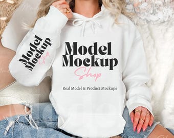 Gildan 18500 White Hoodie Sleeve Mockup, G185 White Hoodie Mock-up, Real Model Mock, Cozy Trendy Casual Aesthetic White Hoodie Mockup Sleeve