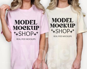 Comfort Colors 1717 Blossom & Ivory Shirt Mockup, CC1717 Double Shirt Mockup, Real Model Mock, Couple Friends Mockup, Bachelorette Mockup