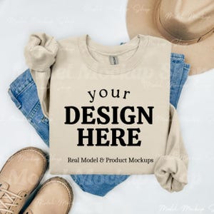Gildan 18000 Sand Flat Lay Mockup, 18000 Sand Flat Lay Sweatshirt Mockup, Gildan Sand G180 Mock, Minimal Simple Flatlay Gildan 18000 Mockup