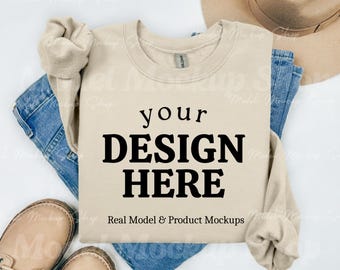 Gildan 18000 Sand Flat Lay Mockup, 18000 Sand Flat Lay Sweatshirt Mockup, Gildan Sand G180 Mock, Minimal Simple Flatlay Gildan 18000 Mockup
