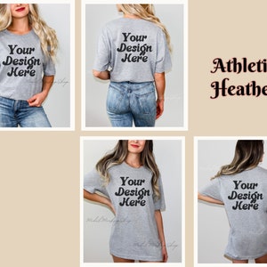 May include: A heather grey t-shirt mockup with the text "Your Design Here" in a retro font. The shirt is shown on a model from the front, back, and side views.