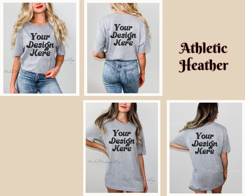 May include: A heather grey t-shirt mockup with the text "Your Design Here" in a retro font. The shirt is shown on a model from the front, back, and side views.