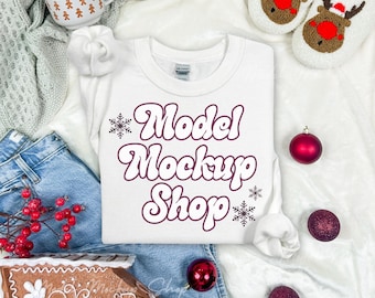 Gildan 18000 Christmas Flat Lay Mockup, G180 White Flat Lay Sweatshirt Mockup, Folded Sweater Mockup, Retro Aesthetic Holiday Festive Xmas