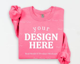 Mockup Gildan 18000 roze veiligheidssweater: platliggend gevouwen G180 (digitale download)
