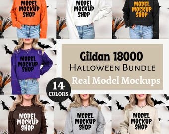 Halloween G18000 Sweatshirt Mockup Bundle, Real Model Fall Apparel Display, Witchy Bats Aesthetic Crewneck Photography