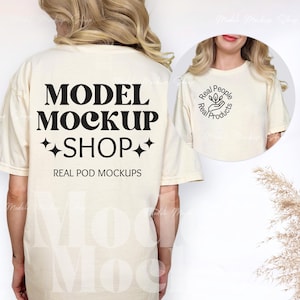 Front Back of Comfort Colors 1717 Ivory Tshirt Mockup, Print on Back, Oversized Tshirt, Real Model, Ivory Shirt Mock, CC1717 Ivory T-Shirt