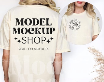 Front Back of Comfort Colors 1717 Ivory Tshirt Mockup, Print on Back, Oversized Tshirt, Real Model, Ivory Shirt Mock, CC1717 Ivory T-Shirt