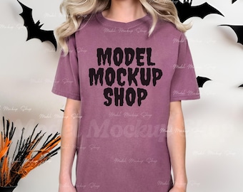 Comfort Colors C1717 Halloween Tshirt Mockup Berry, Real Model Mock, 1717 Berry Halloween Mock Up, Spooky Themed Halloween Shirt Mockup