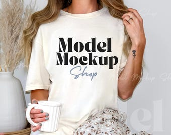 Comfort Colors 1717 Ivory Shirt Mockup, CC1717 Ivory Tshirt Mockup, Real Model Mock, Trendy Aesthetic Casual Simple Shirt Mock-up