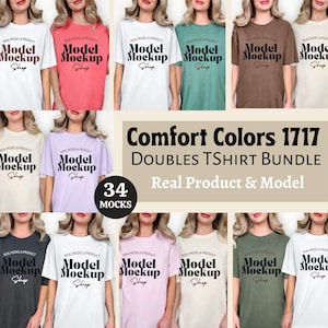 Comfort Colors 1717 ダブルシャツ モックアップ バンドル、CC1717 フレンズ カップル T シャツ モックアップ、リアル モデル モックアップ、独身グループ シャツ モックアップ