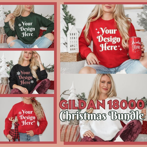 Christmas Gildan 18000 Mockup Bundle, Gildan Mockup Bundle, Red sweatshirt mockup, Christmas Sweatshirt Mockup, Christmas Bundle