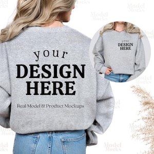 Pode incluir: Um moletom cinza mesclado com o texto "your DESIGN HERE" em preto nas costas. Uma imagem menor mostra a frente do moletom com o mesmo texto. As palavras "Real Model & Product Mockups" estão abaixo.