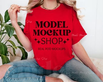 Gildan 5000 Red T-shirt Mockup, Oversized Tee Shirt, Real Model Mock, Simple Styled Trendy Casual Aesthetic Red Shirt Mock