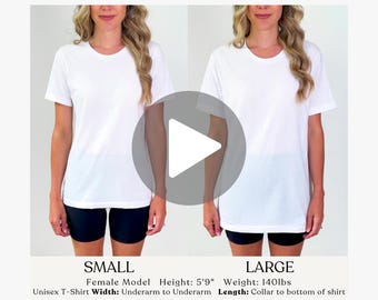 Puede incluir: Guía de tallas de camisetas Bella Canvas 3001 en blanco. La guía incluye medidas para tallas XS a 4XL, con un ancho de 41,9 cm a 76,2 cm y una longitud de 68,6 cm a 86,4 cm. La modelo mide 1,75 m y pesa 63,5 kg.