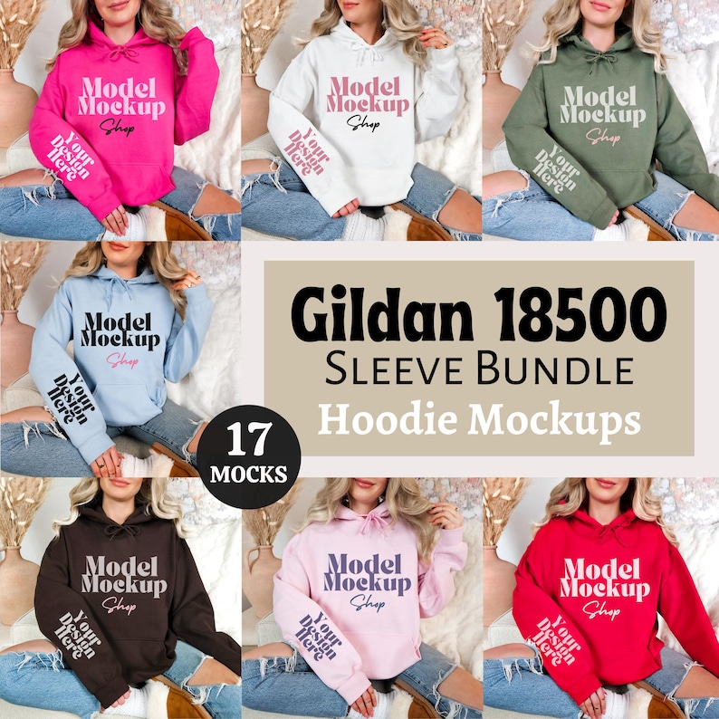Op de afbeelding: Een set van 17 Gildan 18500 hoodie mockups in verschillende kleuren, waaronder roze, blauw, rood, groen en zwart. De mockups tonen de hoodies die worden gedragen door modellen met de tekst "Model Mockup Shop" en "Your Design Here" op de voorkant en de mouwen.