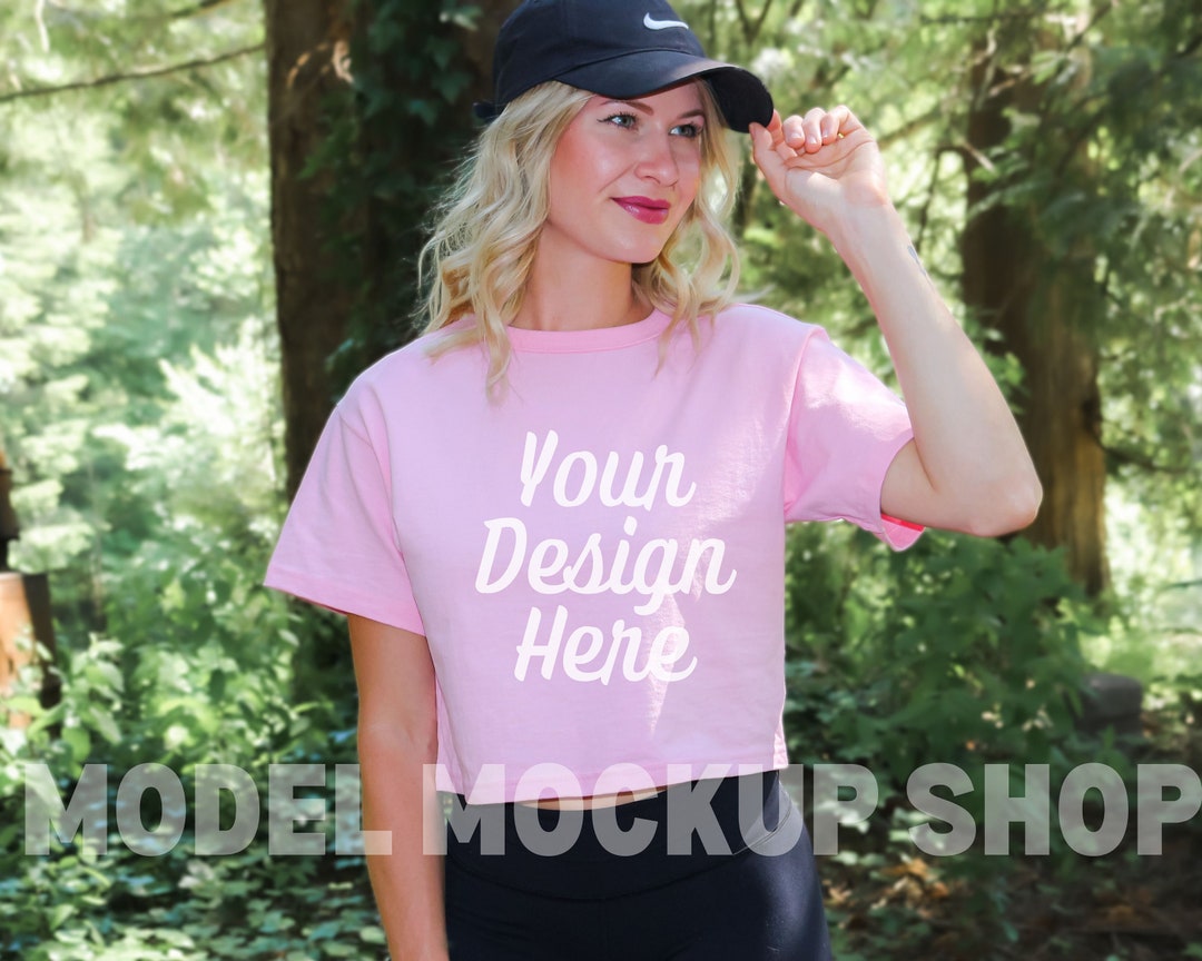 Pink Candy Champion Cropped Tee Mockup | Champion T453W Crop Top Mockup ...