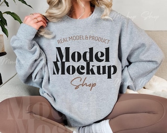 Gildan 18000 Sport Grey Sweatshirt Mockup, Gildan Grey Crewneck Sweatshirt Mockup, Real Model Mock, Trendy Simple Casual Gray Sweater Mockup