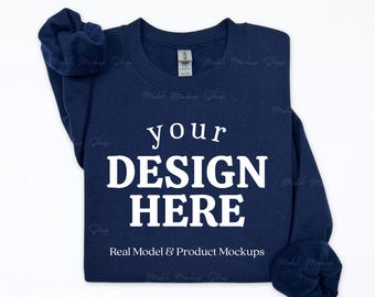 Marineblauw Gildan 18000-sweater platliggend model (JPEG-download)