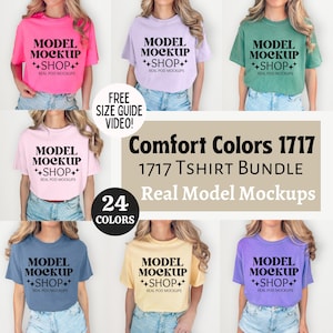Può includere: Un set di 24 mock-up di t-shirt con diversi colori. I mock-up mostrano un modello che indossa una t-shirt di ogni colore. Il testo sulle t-shirt recita "MODEL MOCKUP ++SHOP++ REAL POD MOCKUPS". Il testo "Comfort Colors 1717" e "1717 TSHIRT BUNDLE" è visualizzato sopra i mock-up. Il testo "Real Model Mockups" è visualizzato sotto i mock-up. Il testo "24 COLORS" è visualizzato al centro dell'immagine.