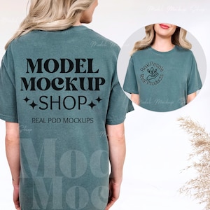 Comfort Colors C1717 Blue Spruce Front & Back Mockup | 1717 Blue Spruce T-shirt Front Back Split View Mock-up | Real Model Mock-up