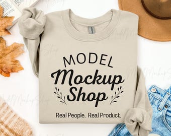 Gildan 18000 Sand Mockup, G180 Sand Flat Lay Sweatshirt, Real Product, Folded Flatlay Fall Mockup (Digital Mockup)