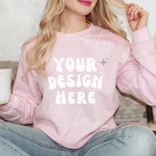 Light Pink Gildan 18000 Mockup, Pink Sweatshirt Mockup Pink 18000 Sweatshirt Mockup, Light Pink Sweater Mockup, Crewneck mockup, cozy mockup