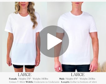 May include: A white Bella Canvas 3001 unisex t-shirt size guide. The guide includes measurements for XS to 4XL sizes. The image shows a woman and a man wearing white t-shirts. The text includes the height and weight of the models.