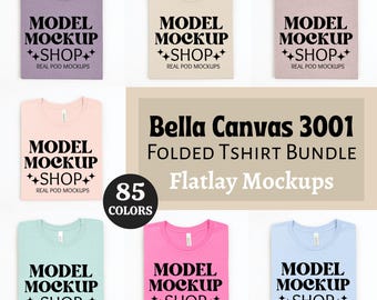 Bella Canvas 3001 Flat Lay Tshirt Mockup Bundle, Bella Canvas Folded Flatlay T-Shirt Bundle, POD Flatlay Mocks, Mega BC3001 Bundle Mockups