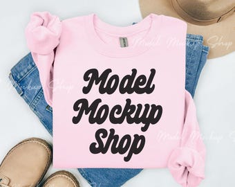 Gildan 18000 Light Pink Sweatshirt Flat Lay Mockup
