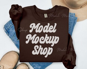 Gildan 18000 Dark Chocolate Flat Lay Mockup, 18000 Flat Lay Sweatshirt Mockup, Gildan Brown Crewneck Mock, Boho Flatlay Gildan 180 Mockup