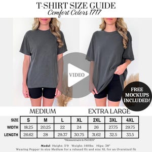 Comfort Colors 1717 ビデオサイズ表、CC1717 ビデオモックアップ、実モデルモック、Tシャツサイズガイド、PODサイズ比較表、サイズリファレンス