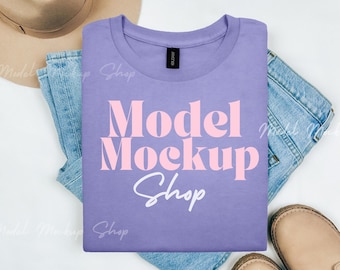Gildan 5000 Violet Flat Lay Mockup, 5000 Violet Flat Lay Shirt Mockup, 5000 Styled Flatlay Mockup, Aesthetic Shirt Mock