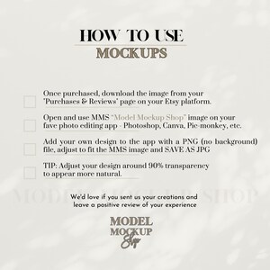 Peut inclure: Un fond blanc avec un texte superpos&eacute; expliquant comment utiliser une maquette. Le texte indique "HOW TO USE MOCKUPS" et comprend des instructions sur la fa&ccedil;on de t&eacute;l&eacute;charger, d'ouvrir et d'utiliser l'image de la maquette. Le texte comprend &eacute;galement une astuce pour ajuster la conception autour de 90 % de transparence pour qu'elle paraisse plus naturelle.